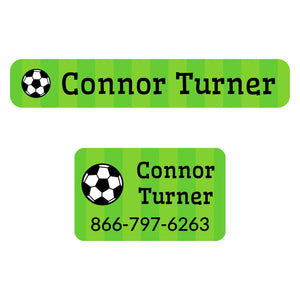 laundry safe labels featuring a soccerball on a striped green background