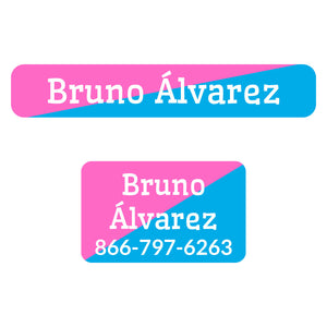 two-tone pink bright blue iron-on clothing labels pack