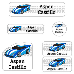 race car blue kindergarten labels pack