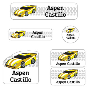 race car yellow kindergarten labels pack