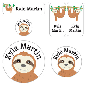 kids name labels for preschool with sloth hanging from tree branch design