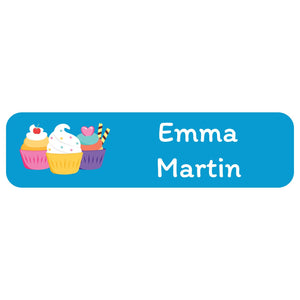 waterproof rectangle name labels with a trio of cupcakes on blue background design