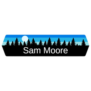 kids name stickers with forest silhouette and sky design