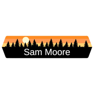 kids name stickers with forest silhouette and sky design