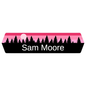 kids name stickers with forest silhouette and sky design