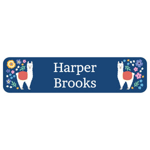dishwasher safe rectangle labels with llama and flowers on blue background