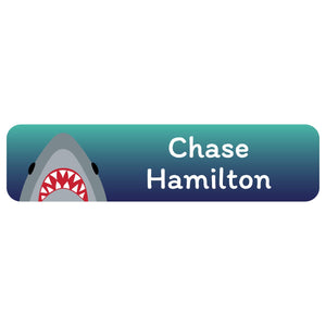 custom name tags with shark on dark blue background design