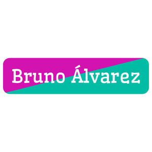 two-tone red violet turquoise rectangle name labels