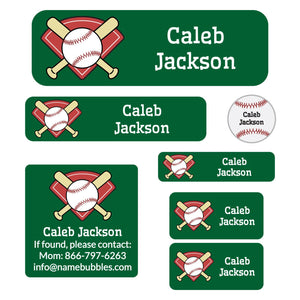 a mix of dishwaster and laundry safe labels featuring a baseball on a green background