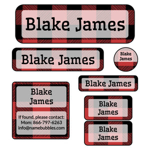 school labels of various shapes and sizes with plaid design