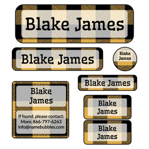 school labels of various shapes and sizes with plaid design