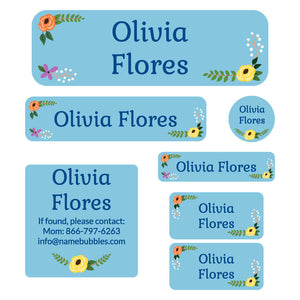 school labels pack floral blue