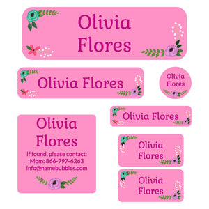 school labels pack floral pink