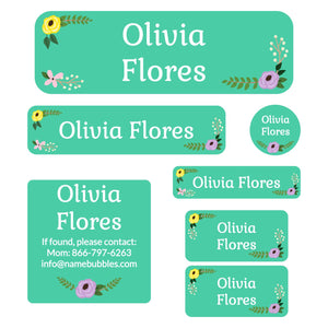 school labels pack floral turquoise