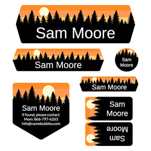 school labels of various shapes and sizes with forest silhouette and sky design