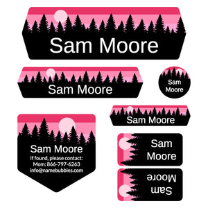 school labels of various shapes and sizes with forest silhouette and sky design
