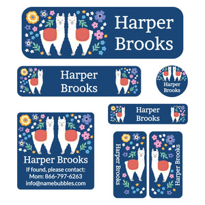 school labels pack with various shapes and sizes with llamas and flowers on blue background