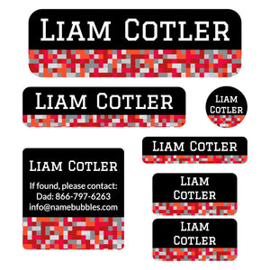 school labels pack pixels red gray