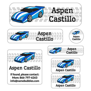 race car blue school labels pack
