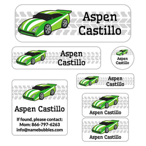 race car green school labels pack