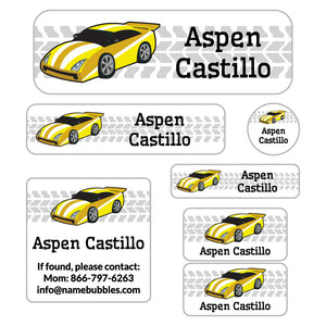 race car yellow school labels pack