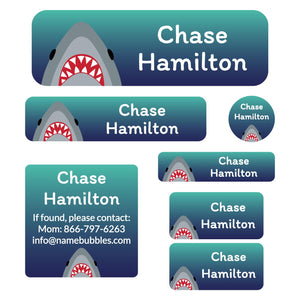 school name labels with shark on dark blue background design of various shapes and sizes school labels