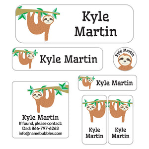 school supply labels with a variety of shapes with sloth design