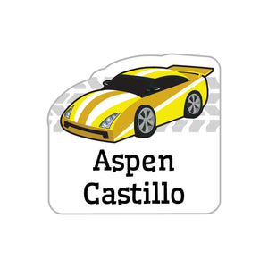 race car yellow racecar name labels