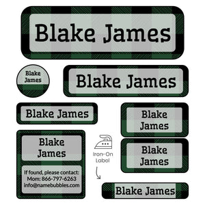 overnight camp labels of various shapes and sizes with plaid design