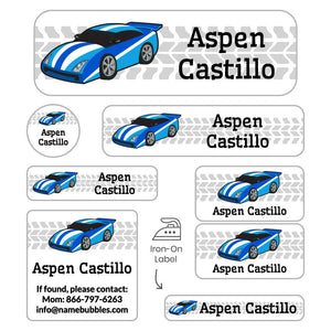 race car blue sleepaway camp labels pack