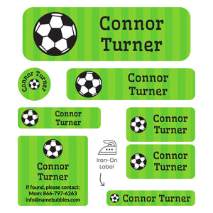 a huge collection of dishwasher and laundry safe labels including iron ons featuring a soccerball on a striped green background
