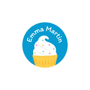 round laundry safe labels with a cupcake on blue background design