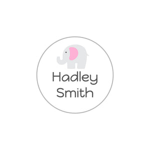 elephant white baby pink circle iron-on clothing labels
