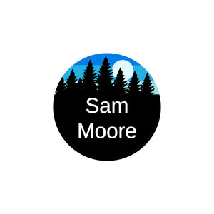 circle iron-on name labels with forest silhouette and sky design