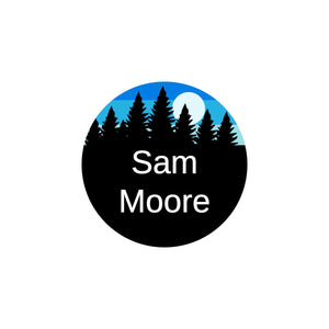 small clothing labels with forest silhouette and sky design