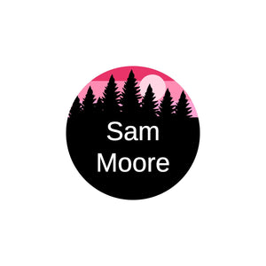 small clothing labels with forest silhouette and sky design