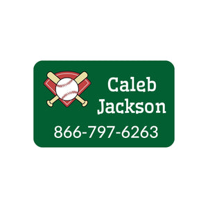 iron-on labels featuring a baseball on a green background