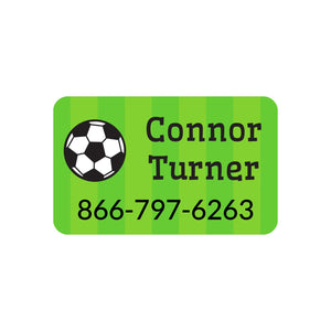 laundry safe labels with a information line featuring a soccerball on a striped green background