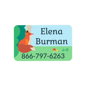 rectangle iron-on clothing label with space for phone number with a woodland animal design