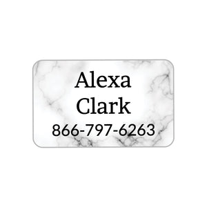 iron on labels with a white marble background