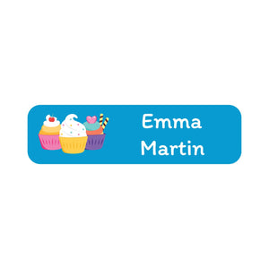 dishwasher safe name labels with a trio of cupcakes on blue background design
