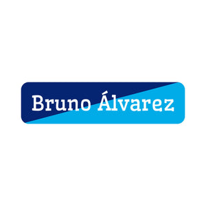 two-tone navy blue bright blue small rectangle name labels