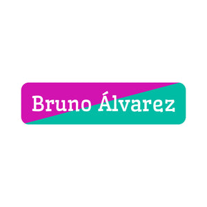 two-tone red violet turquoise small rectangle name labels