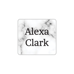waterproof name stickers with white marble background