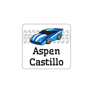 race car blue square clothing labels