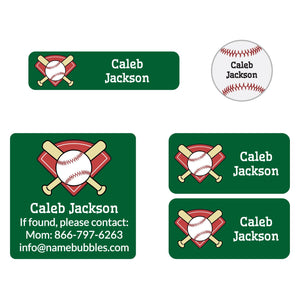 a mix of dishwaster and laundry safe labels featuring a baseball on a green background