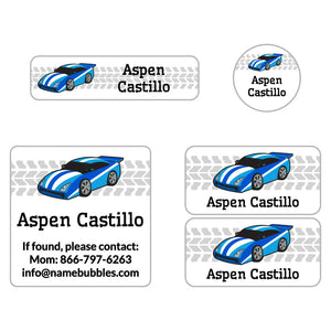 race car blue sports labels pack