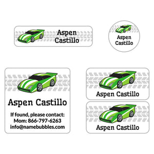 race car green sports labels pack