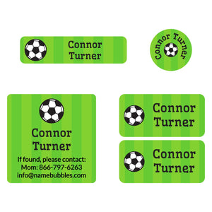 a mix of dishwaster and laundry safe labels featuring a soccerball on a striped green background