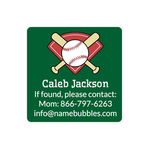 dishwasher safe labels with information lines featuring a baseball design with a green background